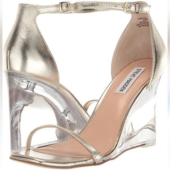 Steve Madden Isobel Metallic Gold Clear Lucite Wedge Sandals Size 6,9, & 10 NWOB - Picture 1 of 16